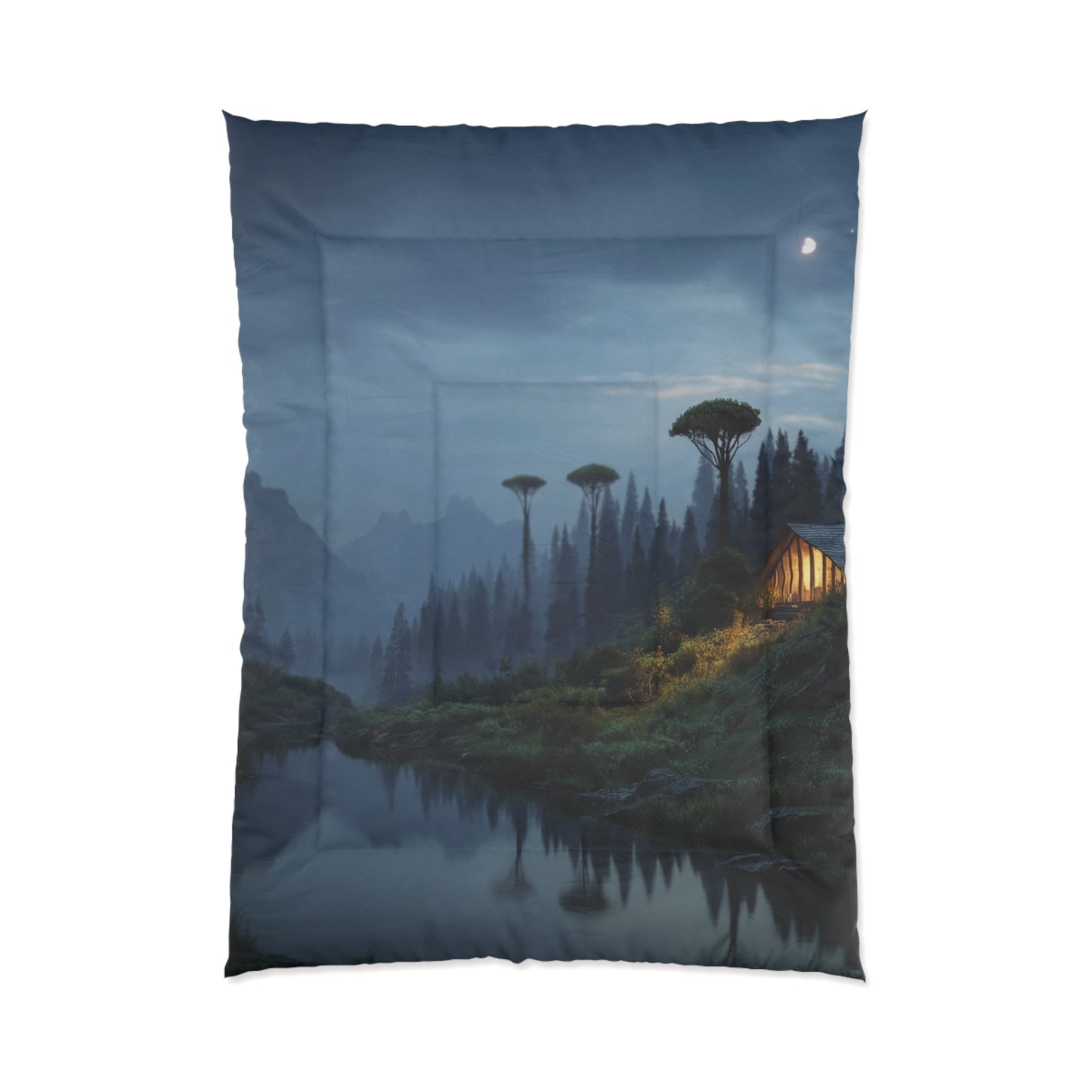Moonlit Mountain Cabin Comforter – Warm Hearth Glow Amidst Whispering Peaks