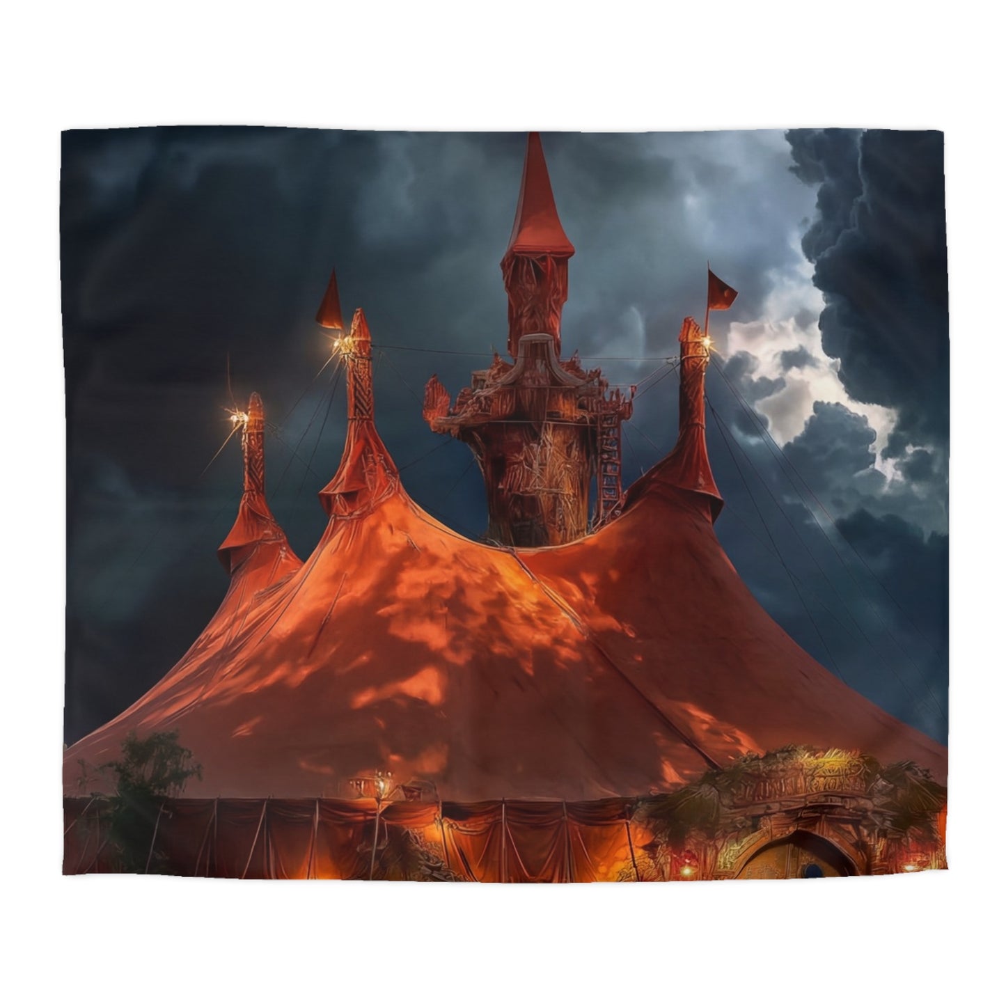 Crimson Carnival Tent Duvet Cover – City Lights Under Stormy Skies