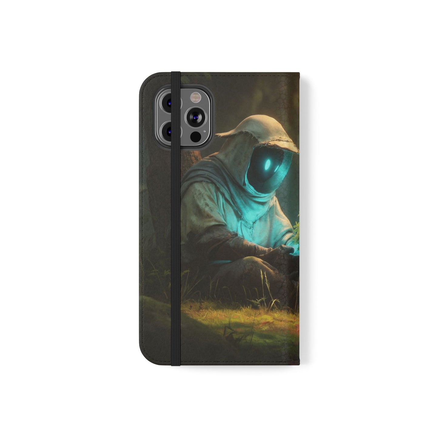 Glowing Orb Hooded Guardian Flip Cases – Bioluminescent Forest Keeper