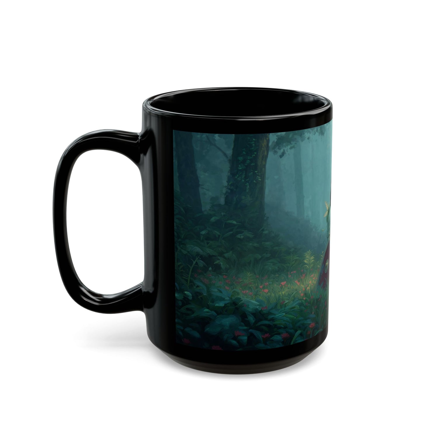 Forest Sentinel Black Mug – Misty Grove Guardian Dreamscape