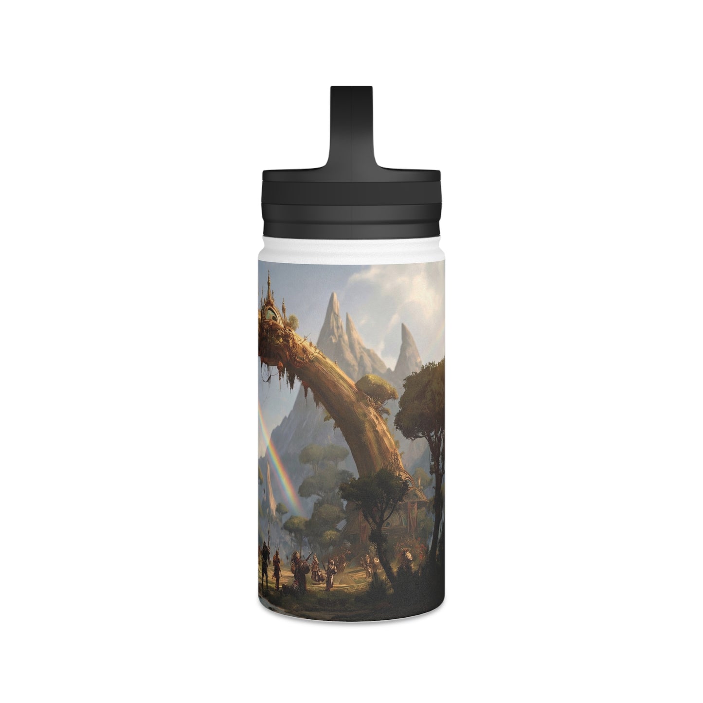 Arcane Grove Gateway Water Bottle – Handle Lid – Twin Rainbows Over Ancient Tree Citadel