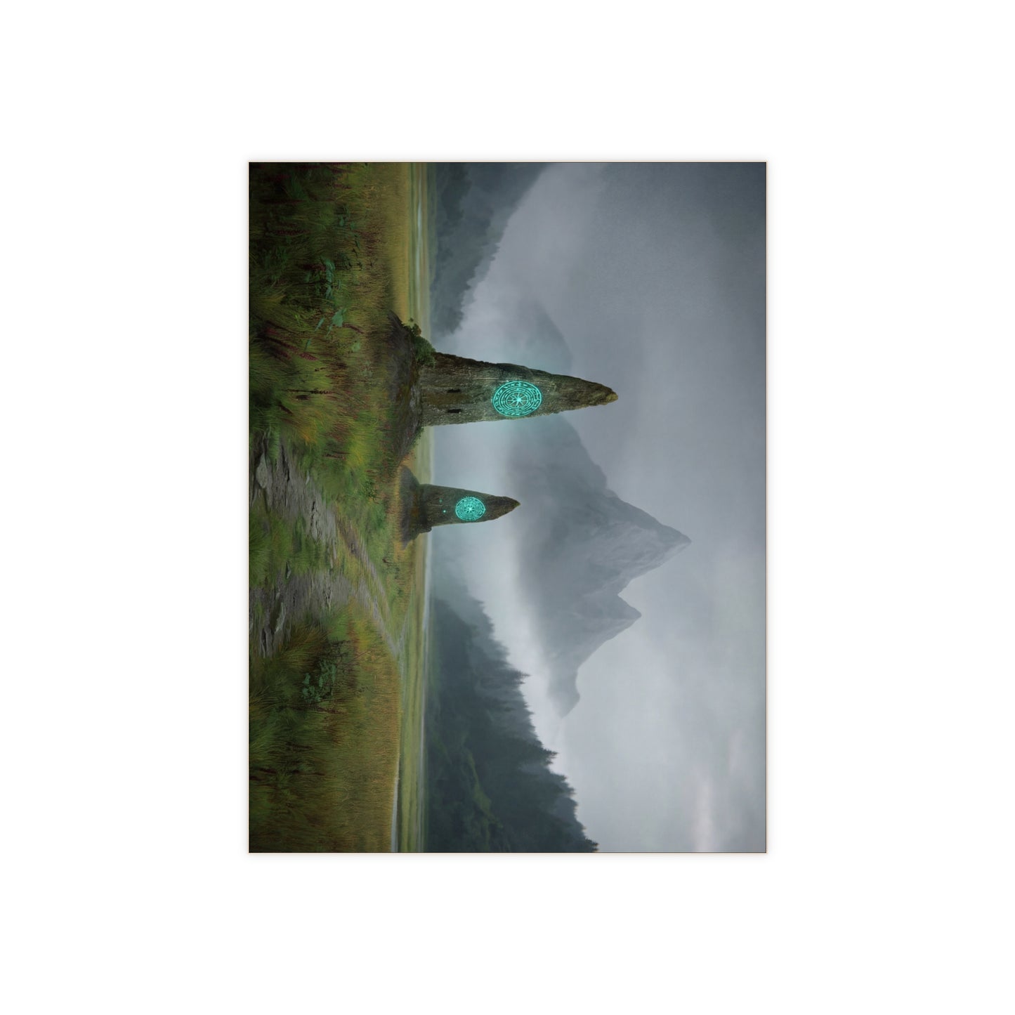 Ancient Portal Stones Ceramic Photo Tile – Glowing Path Through Misty Peaks