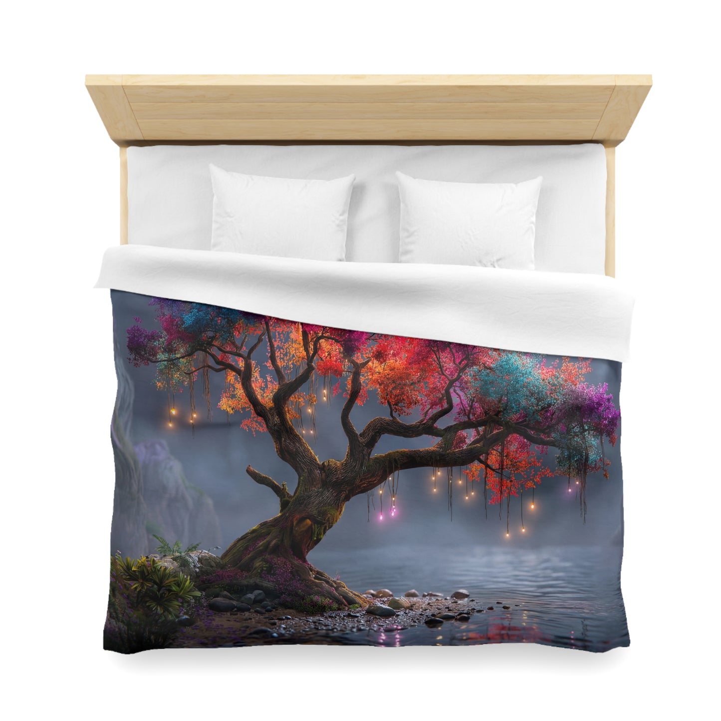 Rainbow Canopy Tree Microfiber Duvet Cover – Moonlit Riverbank Dreamscape