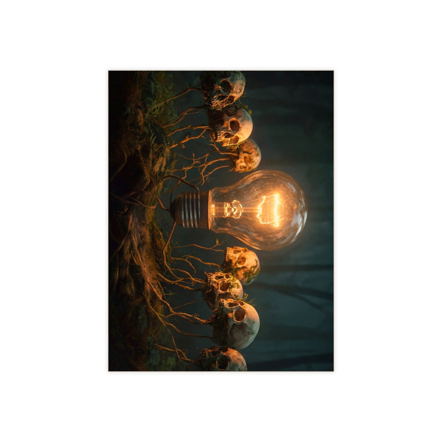 Glowing Bulb in Skull Garden Ceramic Photo Tile – Wisdom’s Warm Glow in the Dark