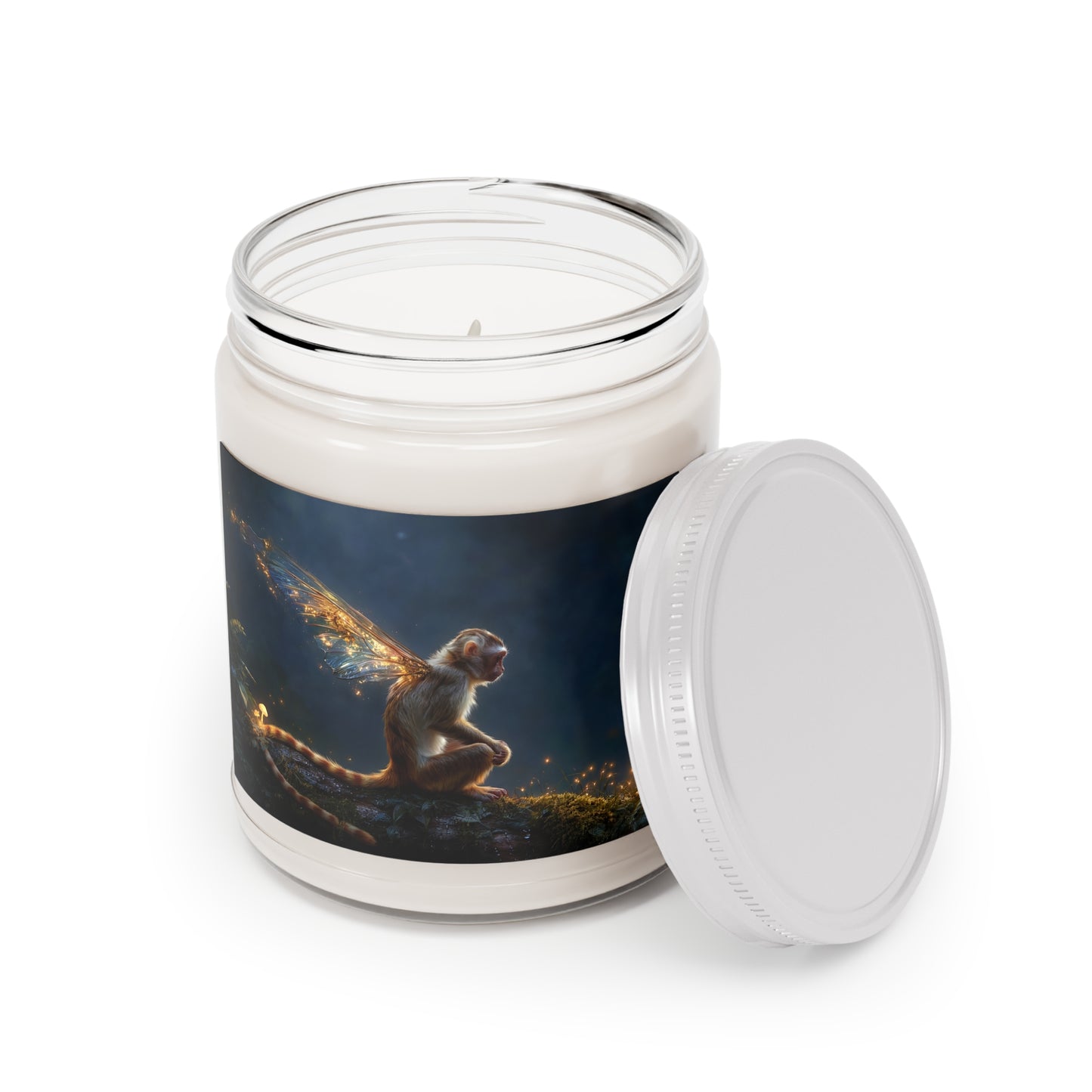 Whispering Forest Monkey Scented Soy Candles with White Lid, 9oz – Golden Winged Guardian of the Night