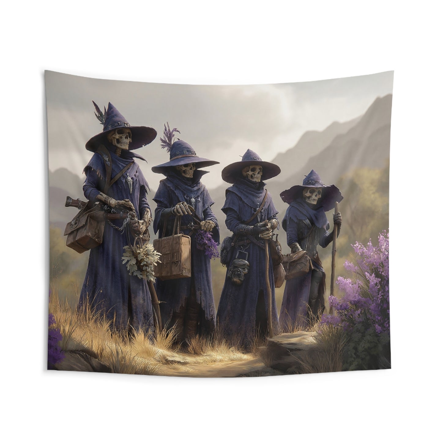 Four Wandering Witches Wall Tapestry – Purple Hooded Skeletal Pilgrims