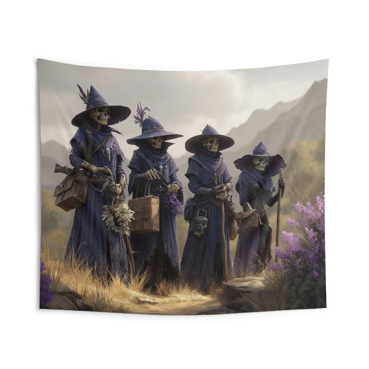 Four Wandering Witches Wall Tapestry – Purple Hooded Skeletal Pilgrims