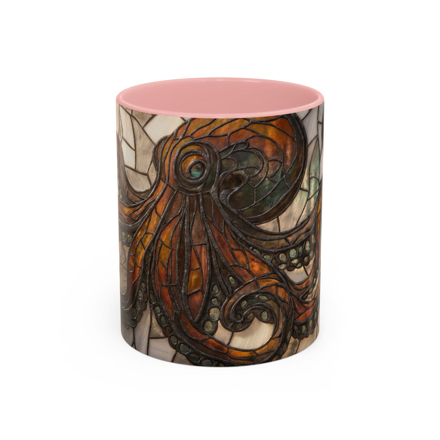 Stained Glass Octopus Accent Coffee Mug – Amber Tentacle Mosaic Art