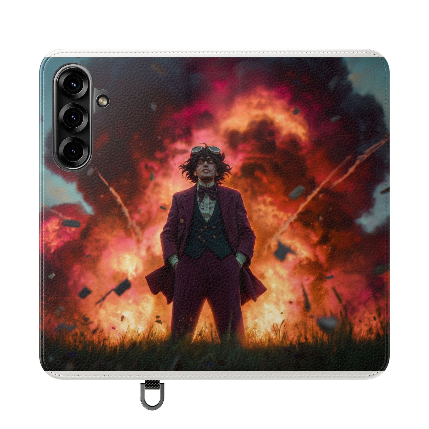 Goggles & Chaos Flip Cases – Purple Suit Amidst Fiery Explosion