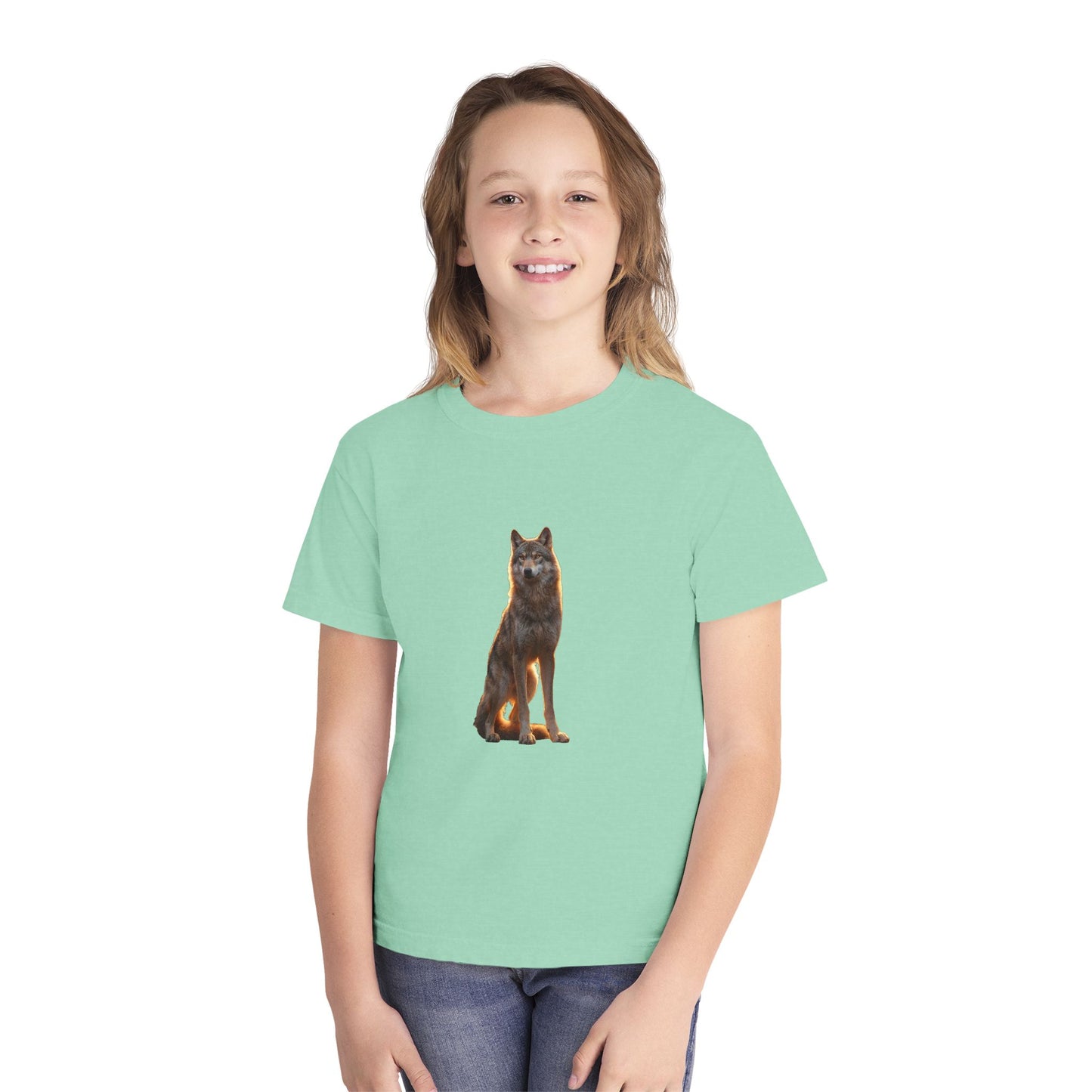 Golden Hour Wolf Youth Midweight Tee – Sunlit Sentinel Graphic