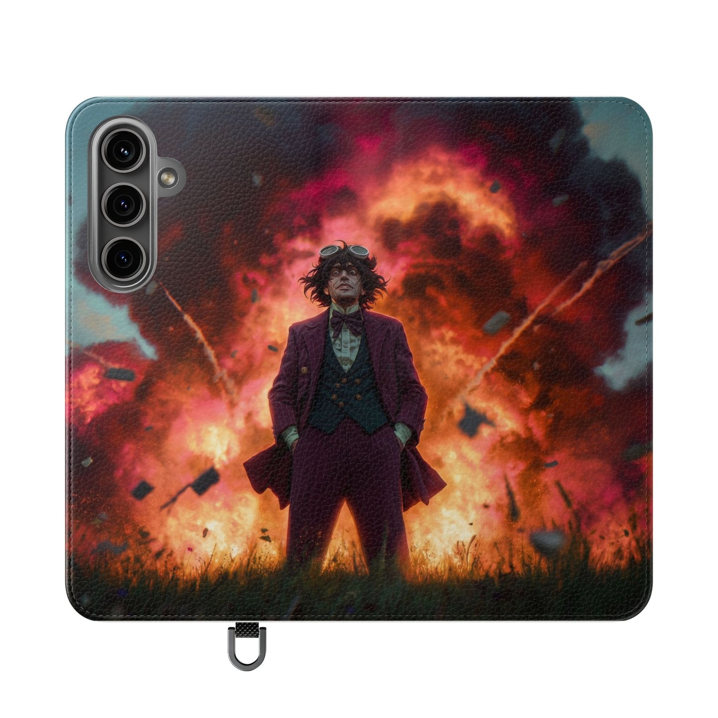 Goggles & Chaos Flip Cases – Purple Suit Amidst Fiery Explosion