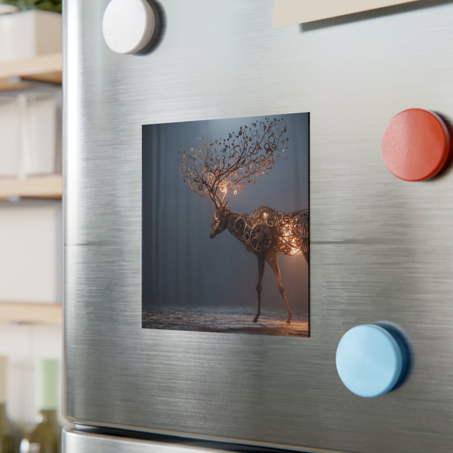 Steampunk Deer Square Magnet – Luminescent Gear Antlers in Twilight Forest