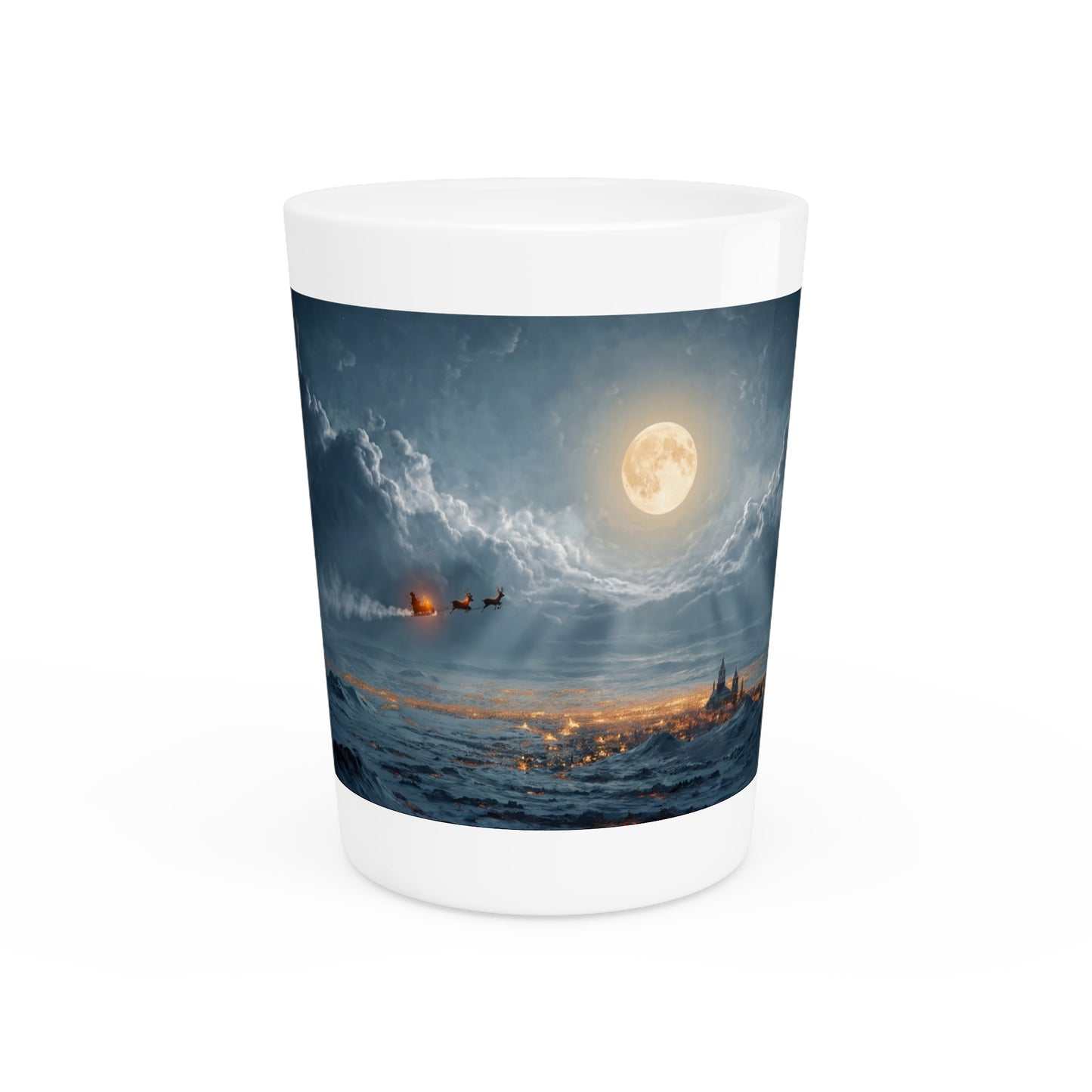 Lunar Sleigh Ride Shot Glass – Midnight Winter Journey Over Snow-Covered Peaks