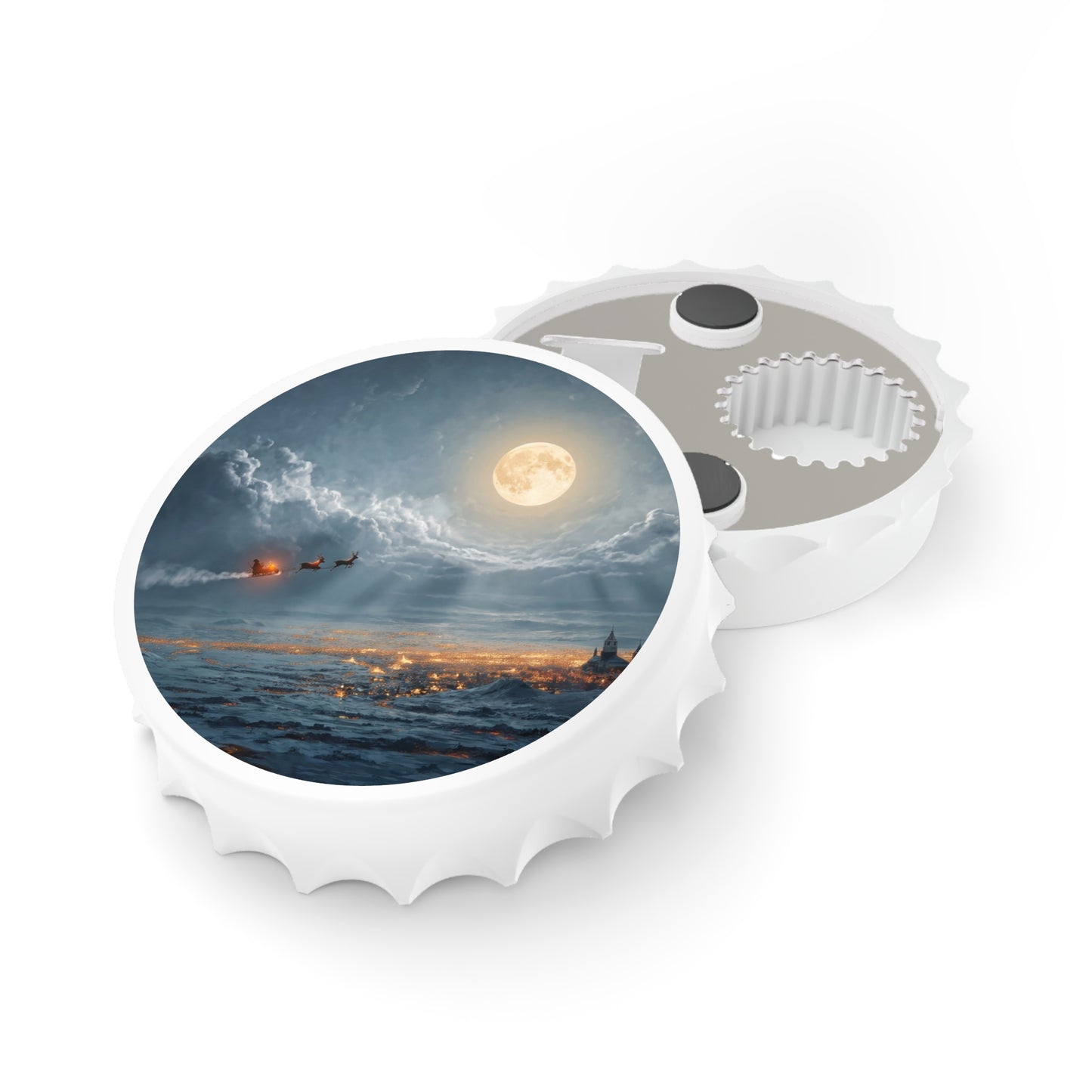 Midnight Reindeer Sleigh Bottle Opener – Golden Glow Over Snowbound City