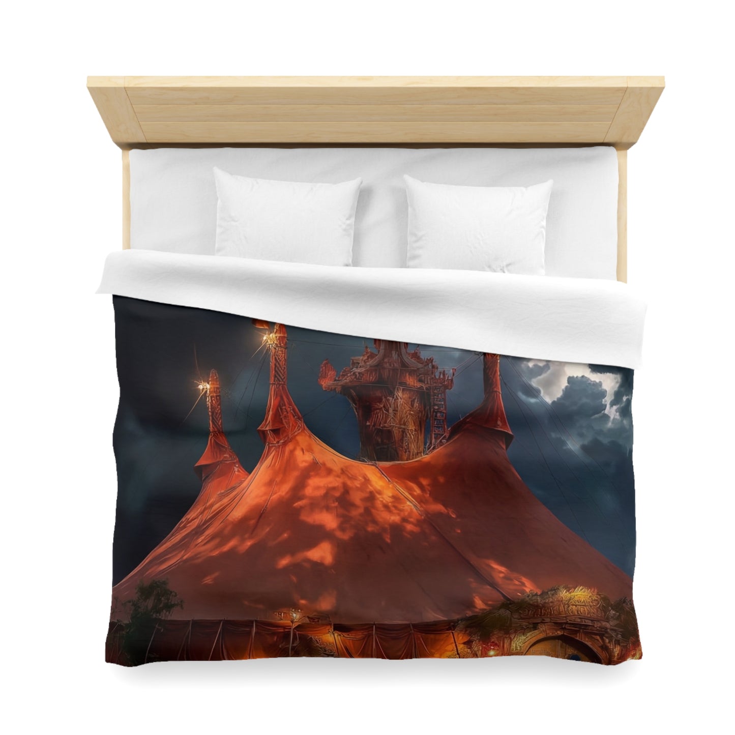 Crimson Carnival Tent Duvet Cover – City Lights Under Stormy Skies