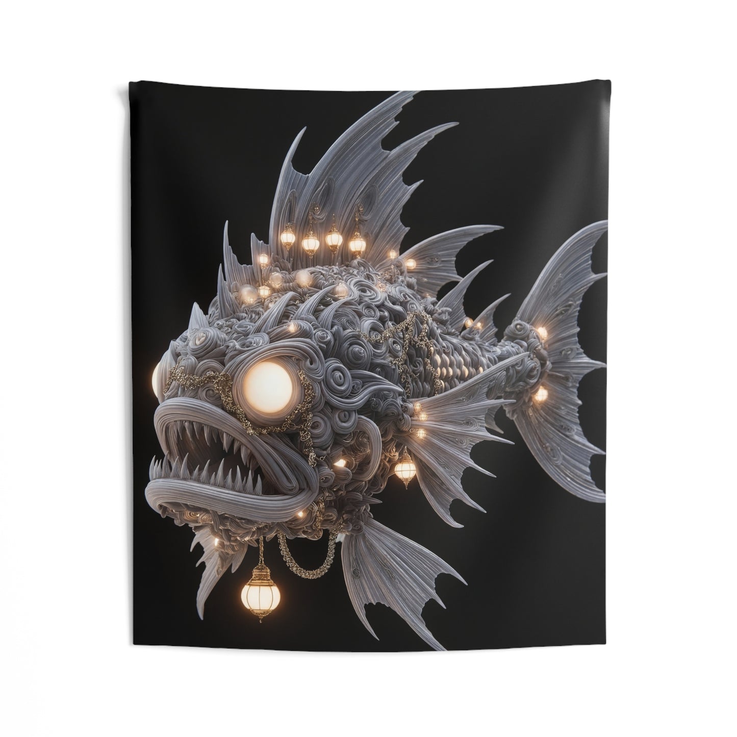 Luminescent Deep-Sea Leviathan Tapestry – Gilded Lanterns in Abyssal Depths