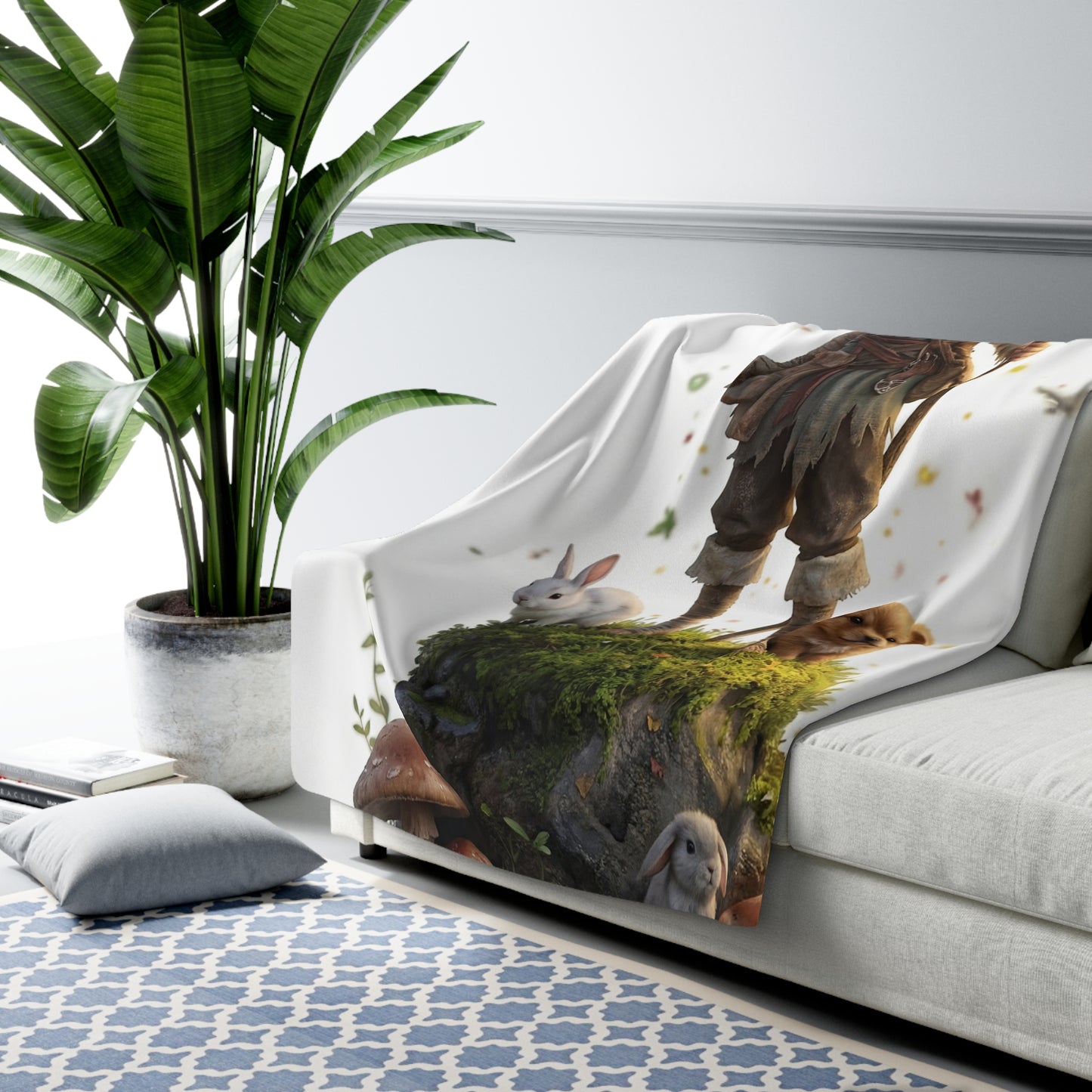 Forest Guardian Sherpa Fleece Blanket – Whimsical Child with Deer Antlers and Glowing Eyes