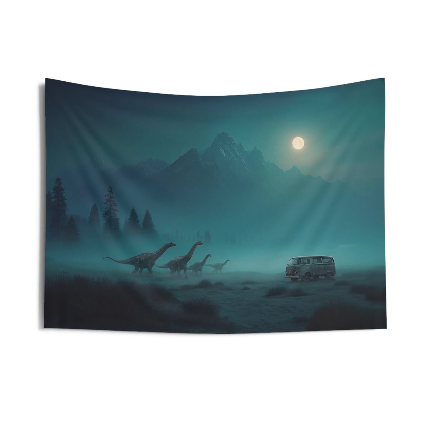 Vintage Van & Dinosaur Herd Wall Tapestry – Moonlit Frontier Dreamscape