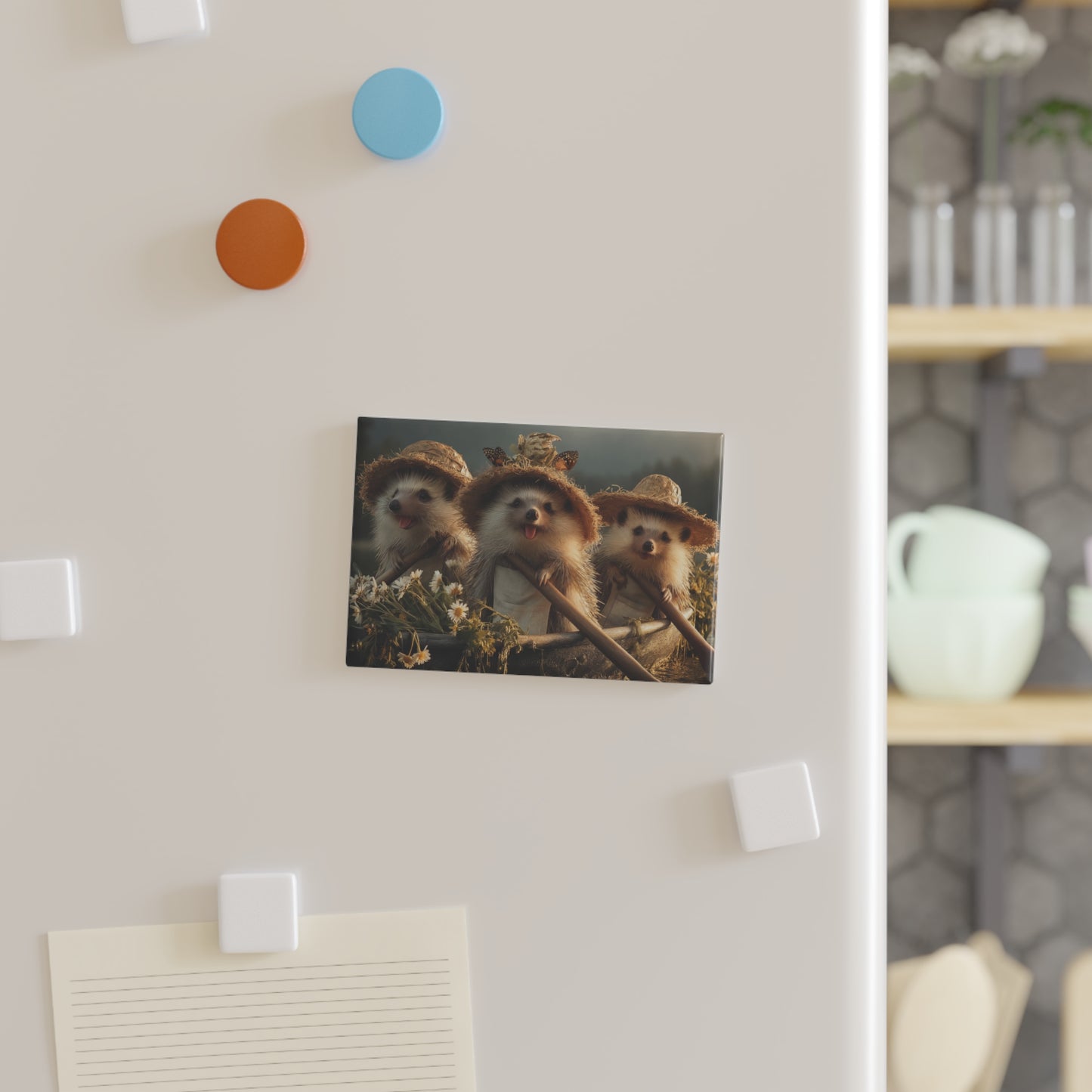 Three Hedgehog Rowers Button Magnet, Rectangle (1 & 10 pcs) – Golden Hour Pond Adventure