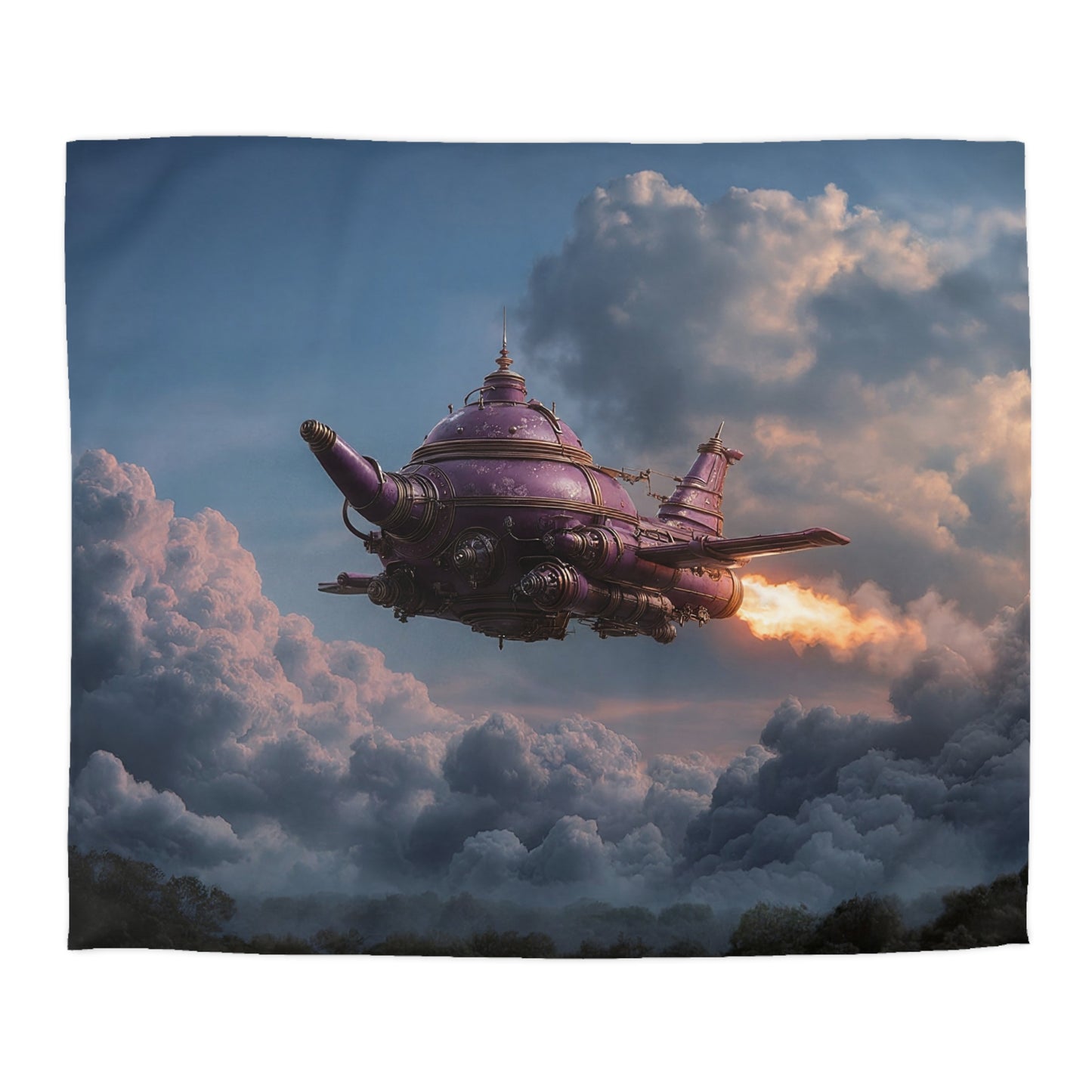Celestial Teapot Airship Duvet Cover – Twilight Brew Across Clouds