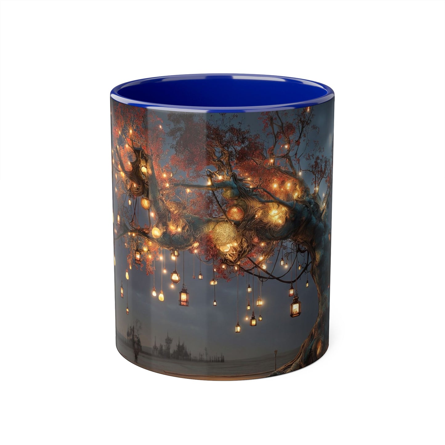 Lantern-Heavy Tree Accent Mugs, 11oz – Amber Glow Over Blue-Glowing Roots