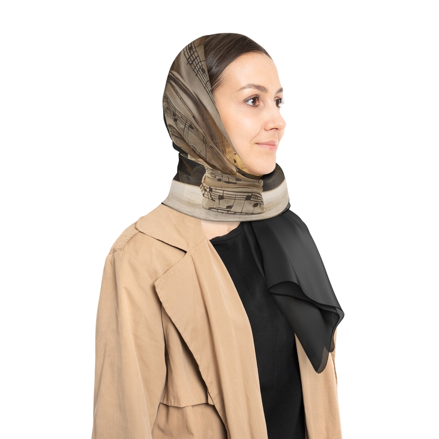 Music-Swathed Dancer Poly Scarf – Golden Note Whirlwind