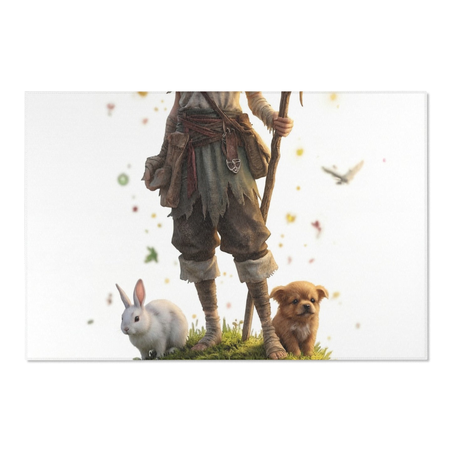 Forest Sentinel Area Rug – Glowing Antlered Child Amid Mushrooms and Rabbits