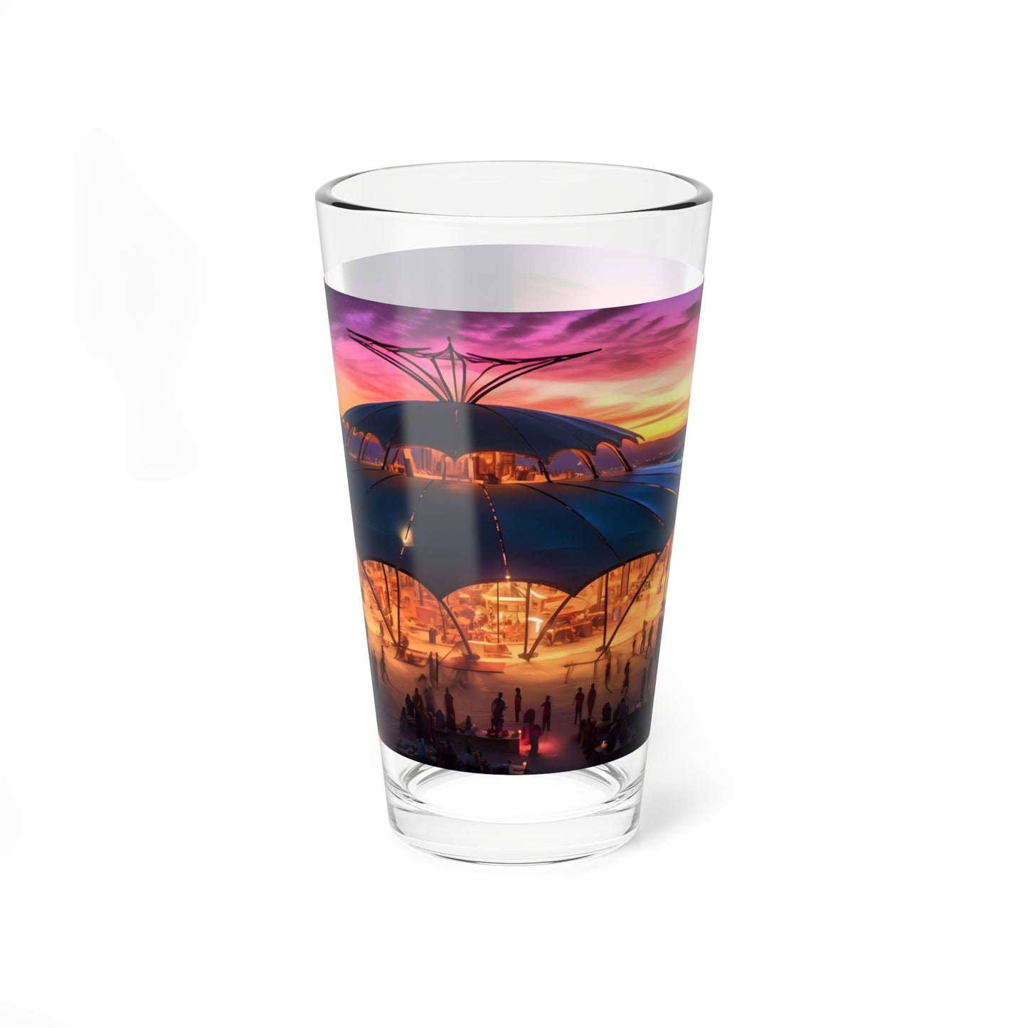 A magical aurora borealis illuminates the Burning Man festival, casting an ethereal glow on the diverse tapestry of human expression below.  - Mixing Glass, 16oz