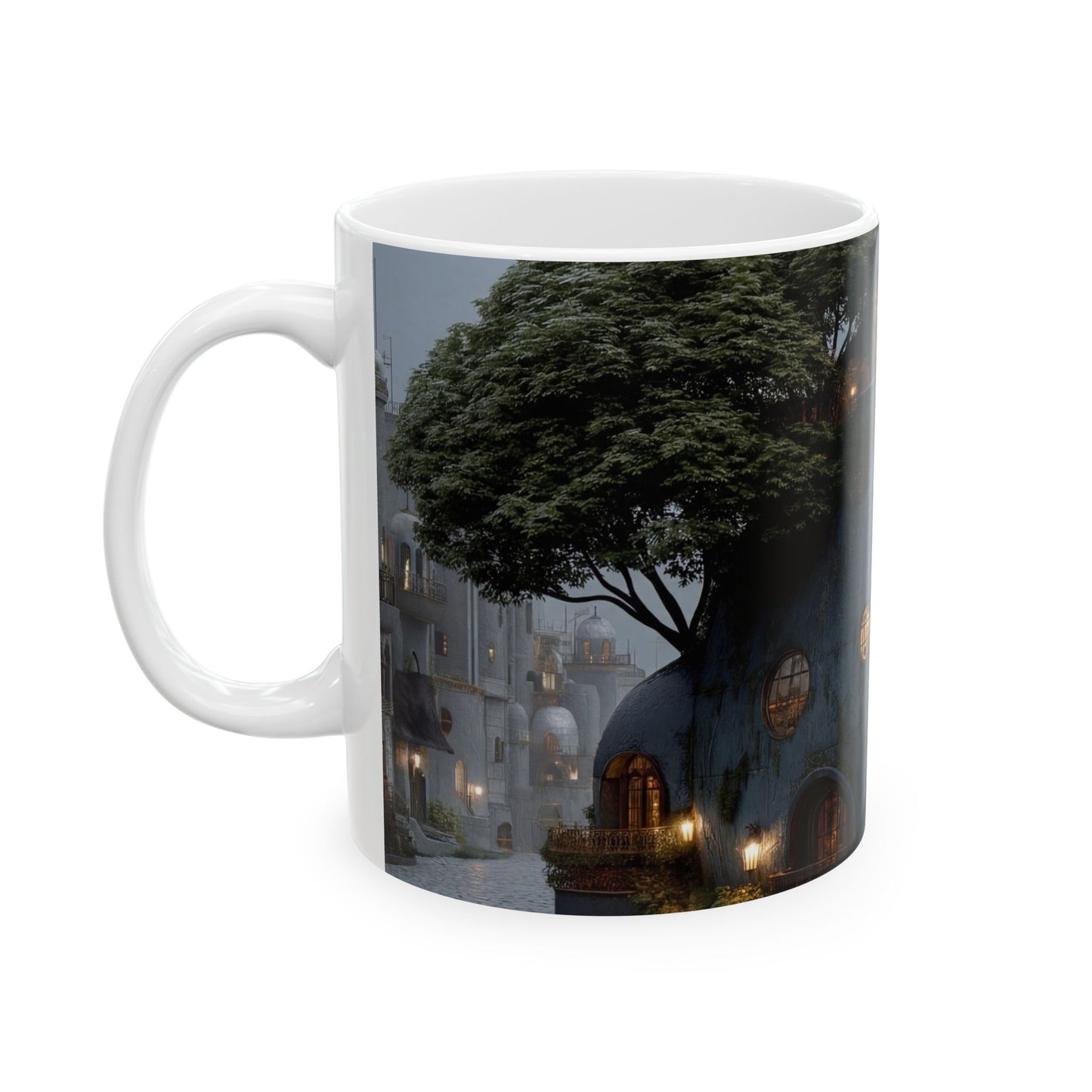 Sky-Rooted Dome House Ceramic Mug – Twilight Haven in Stone and Moss