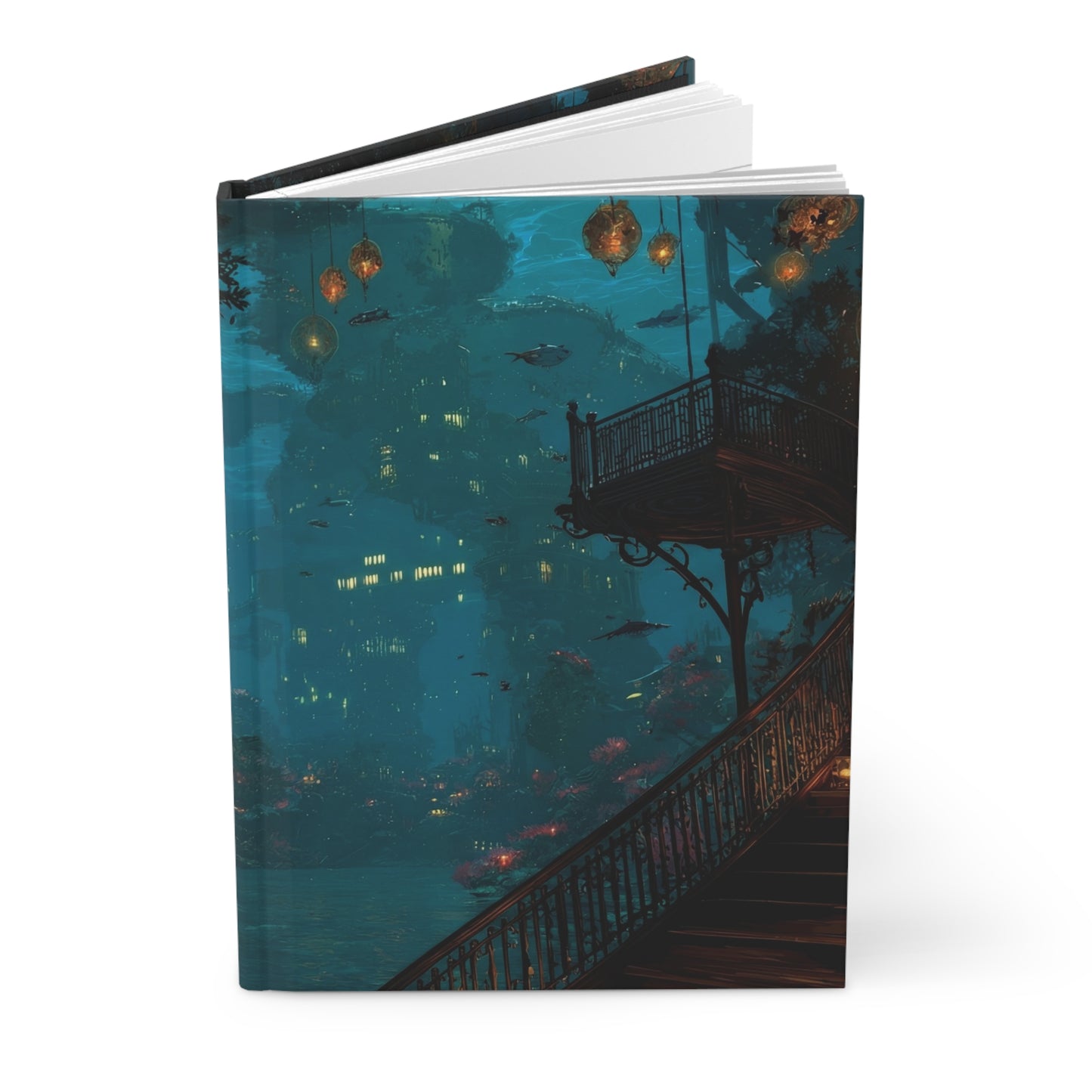 Submerged Lantern City Hardcover Journal Matte – Glow of the Abyssal Stairway