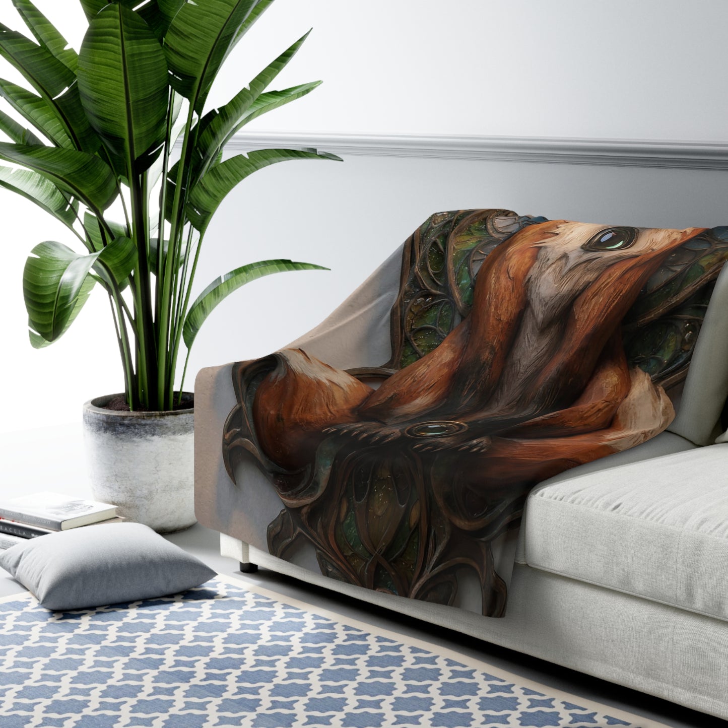 Regal Fox Sentinel Sherpa Fleece Blanket – Stained Glass Guardian Dreamscape