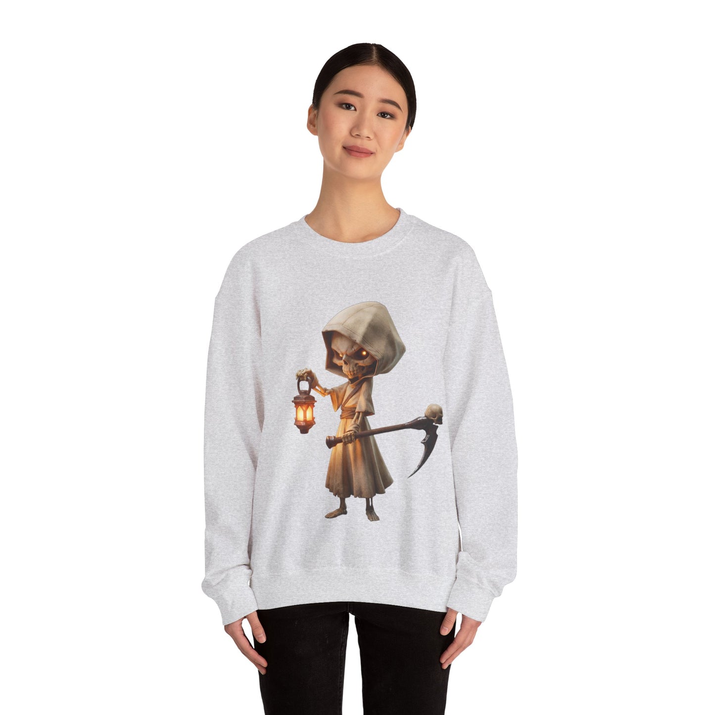 Lantern-Bearing Grim Reaper Unisex Heavy Blend™ Crewneck Sweatshirt – Ember-Lit Sentinel with Scythe and Skull-Capped Blade