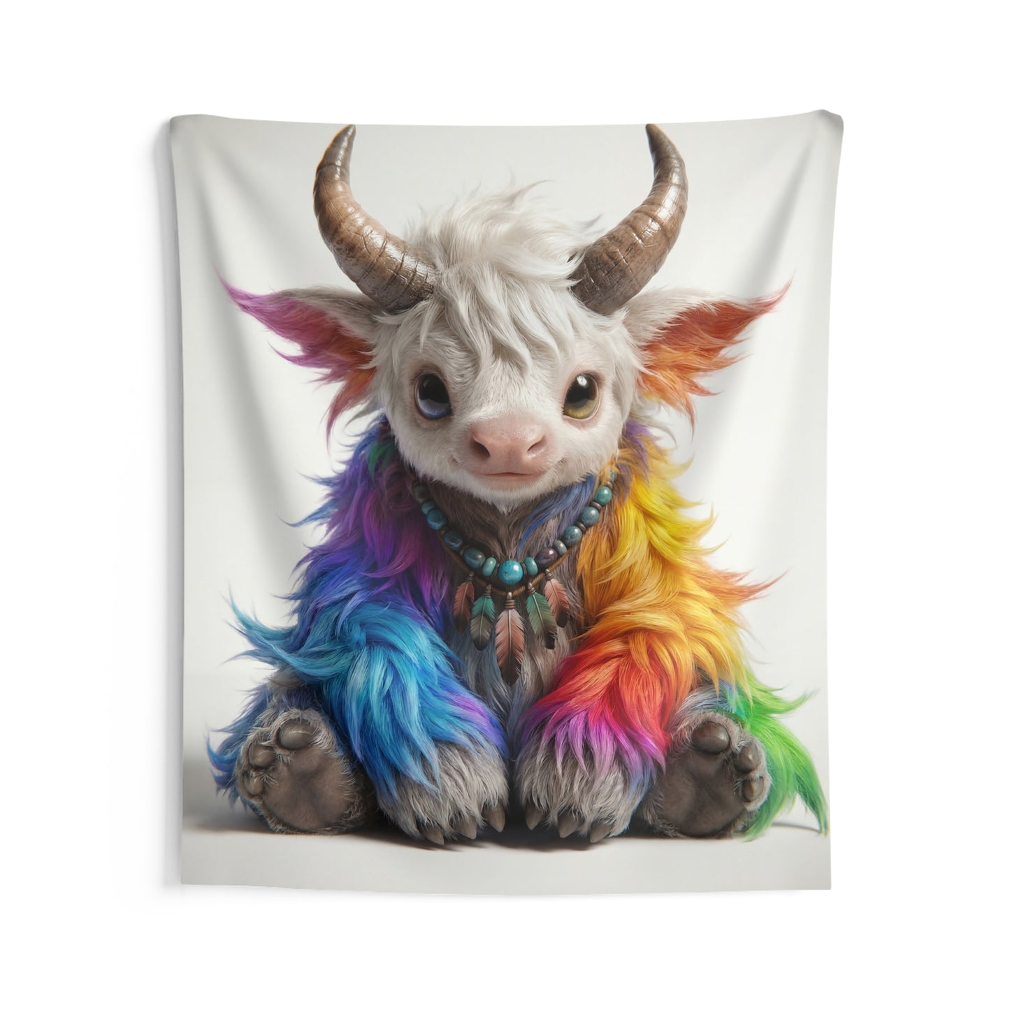 Rainbow Horned Guardian Indoor Wall Tapestries – Whimsical Spirit with Feathers and Turquoise Beads