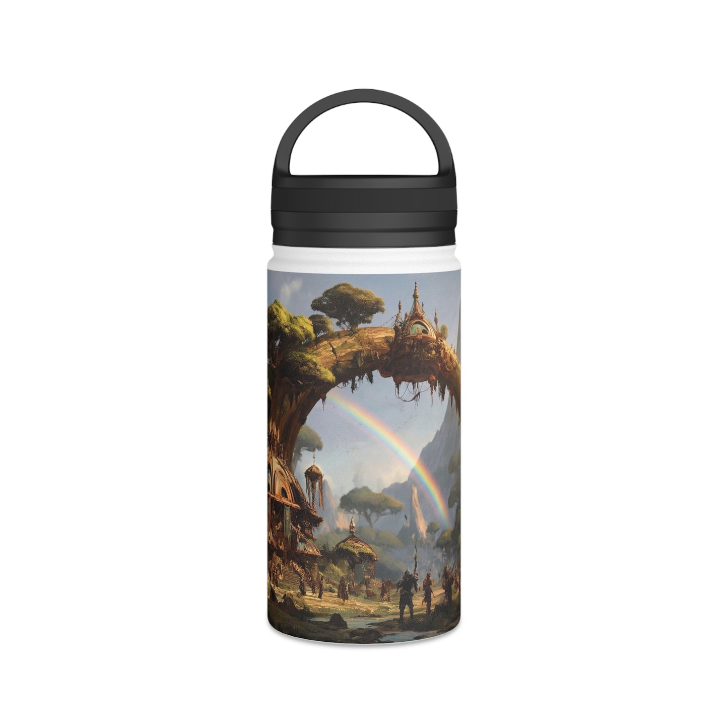 Arcane Grove Gateway Water Bottle – Handle Lid – Twin Rainbows Over Ancient Tree Citadel