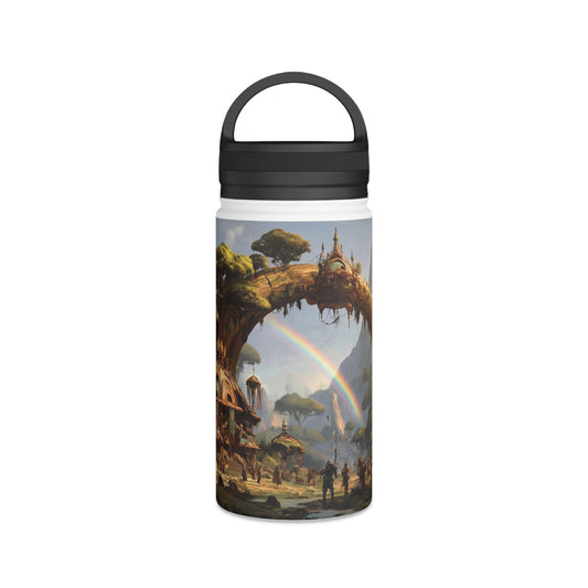 Arcane Grove Gateway Water Bottle – Handle Lid – Twin Rainbows Over Ancient Tree Citadel