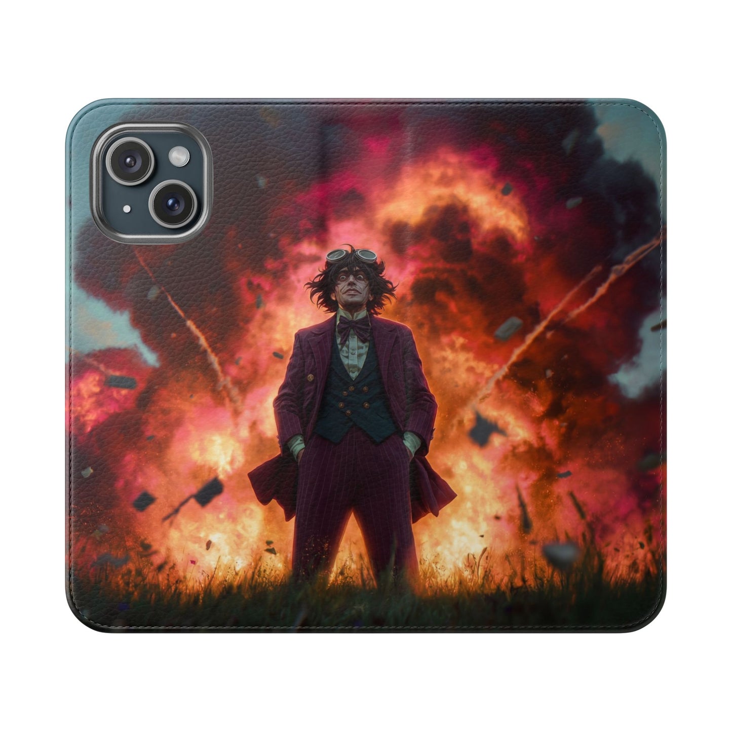 Goggles & Chaos Flip Cases – Purple Suit Amidst Fiery Explosion