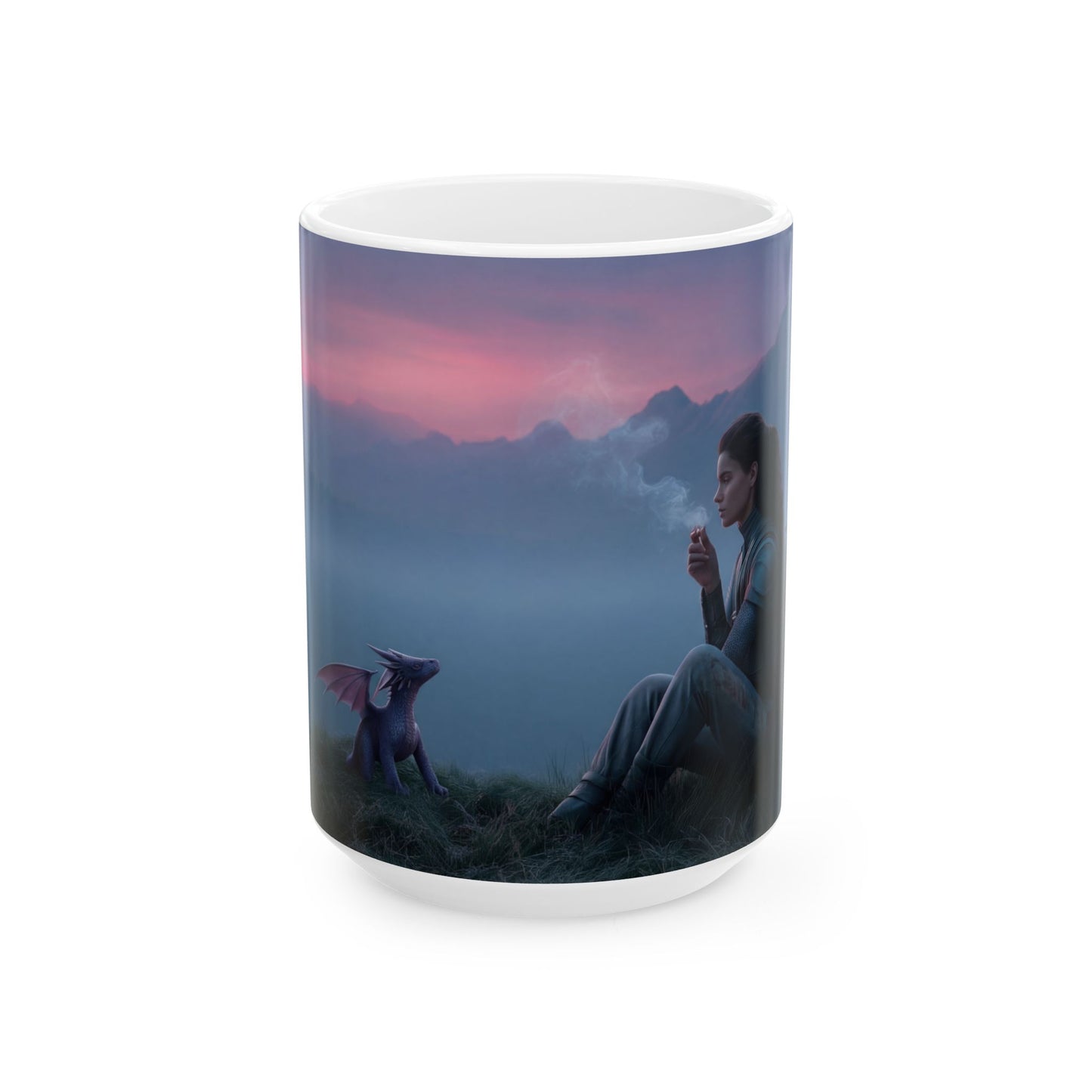 Warrior and Dragon Sunset Mug – Twilight Vigil on the Mountain Ridge