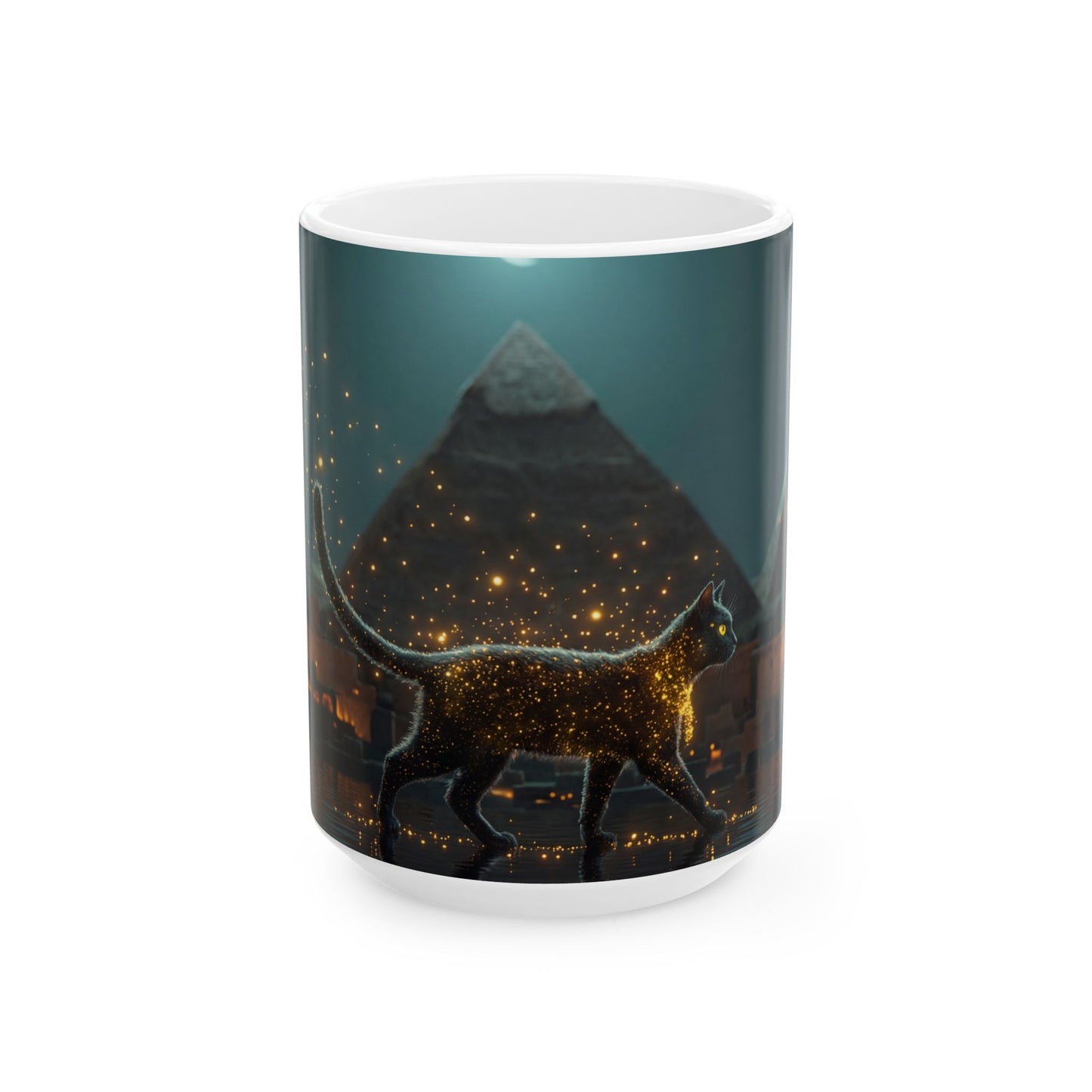 Starlit Cat by Pyramids Ceramic Mug – Midnight Magic Walks the Nile