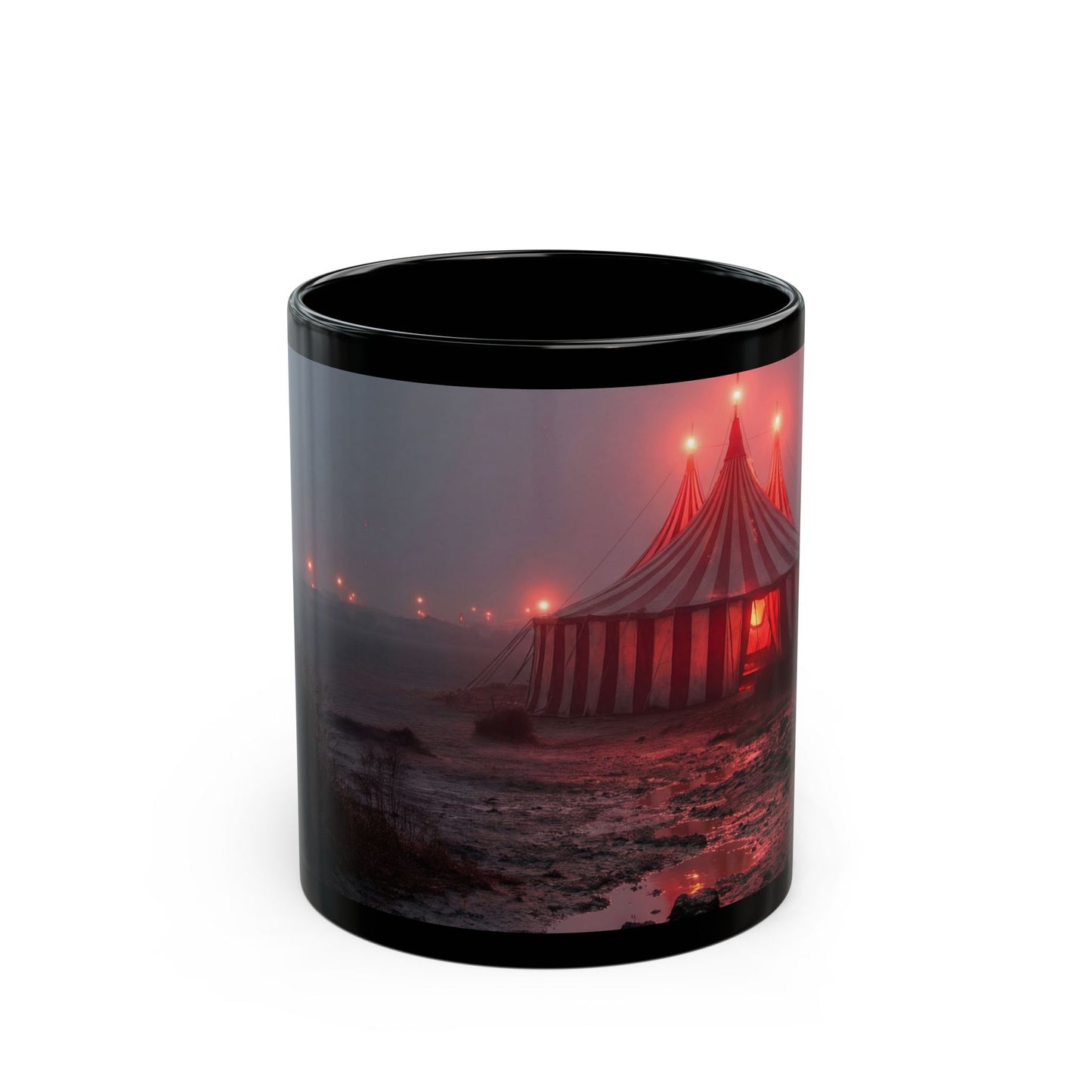 Crimson Carnival Tent Black Mug – Foggy Shoreside Spectacle