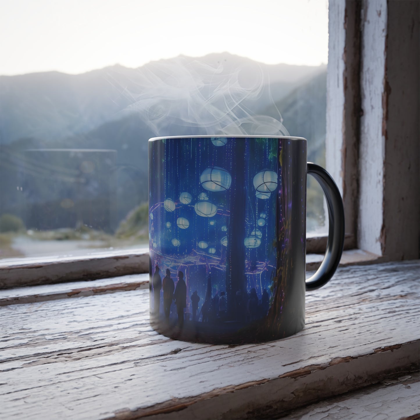 "A cyberpunk vision of the Oregon Country Fair, where neon lights illuminate the path, holographic performers entertain the crowd, and the merry blend of tradition and technology creates an enthralling spectacle." - Color Morphing Mug, 11oz