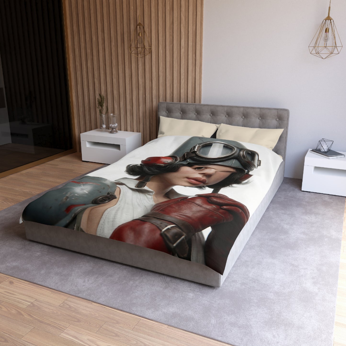 Vintage Pilot Portrait Microfiber Duvet Cover – Crimson Goggles & Steel Helm