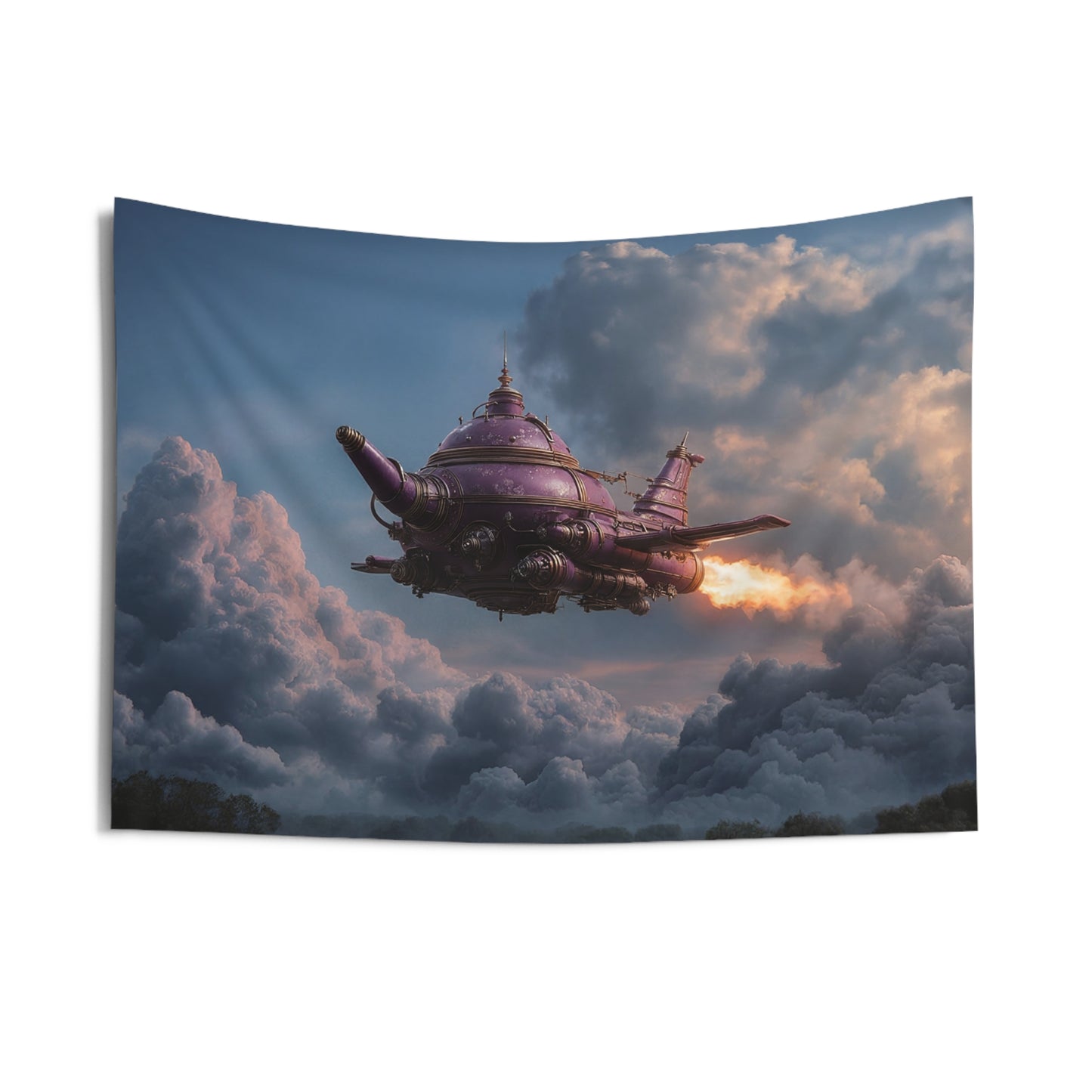 Purple Teapot Airship Indoor Wall Tapestries – Steam-Powered Sky Odyssey