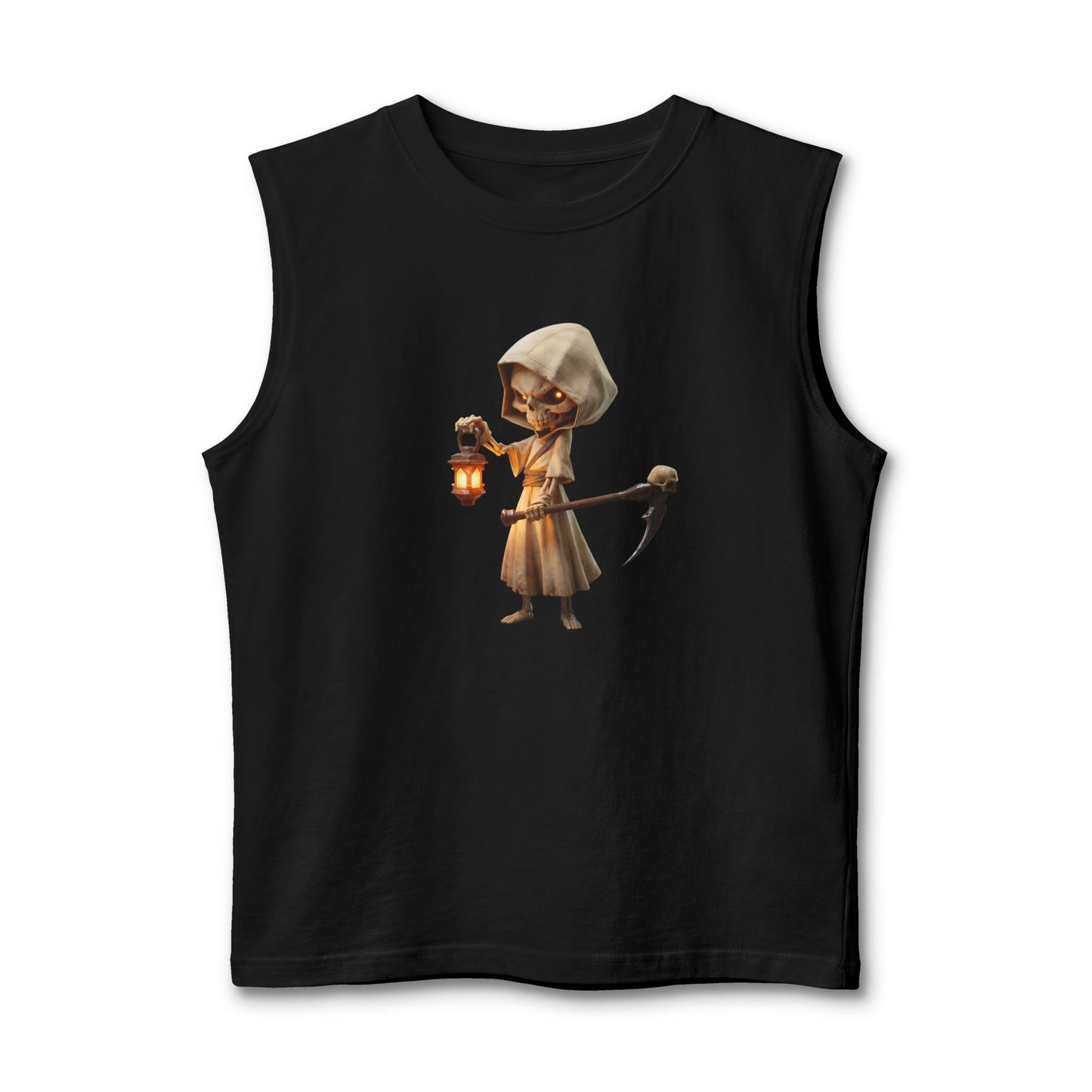 Lantern-Bearing Guardian Muscle Tank – Hooded Skeleton Sentinel Graphic
