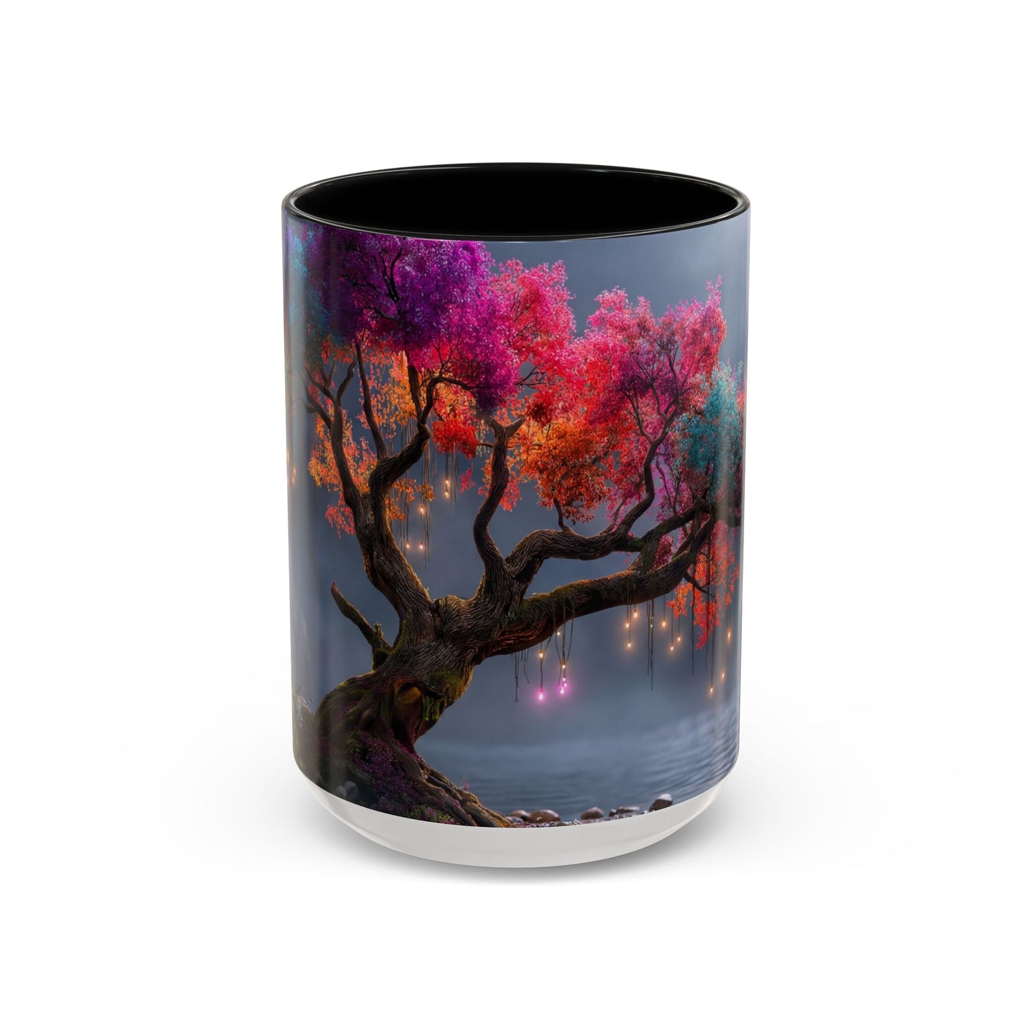 Prismatic River Tree Accent Coffee Mug (11, 15oz) – Neon Canopy Moonlight Reflections