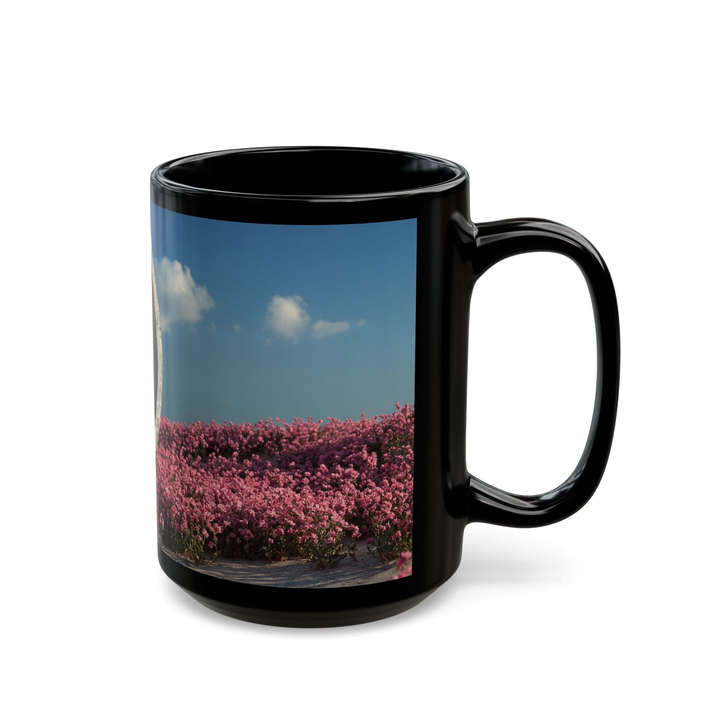 Stone Portal in Pink Bloom Field Mug – Serene Gateway to Dreamscapes