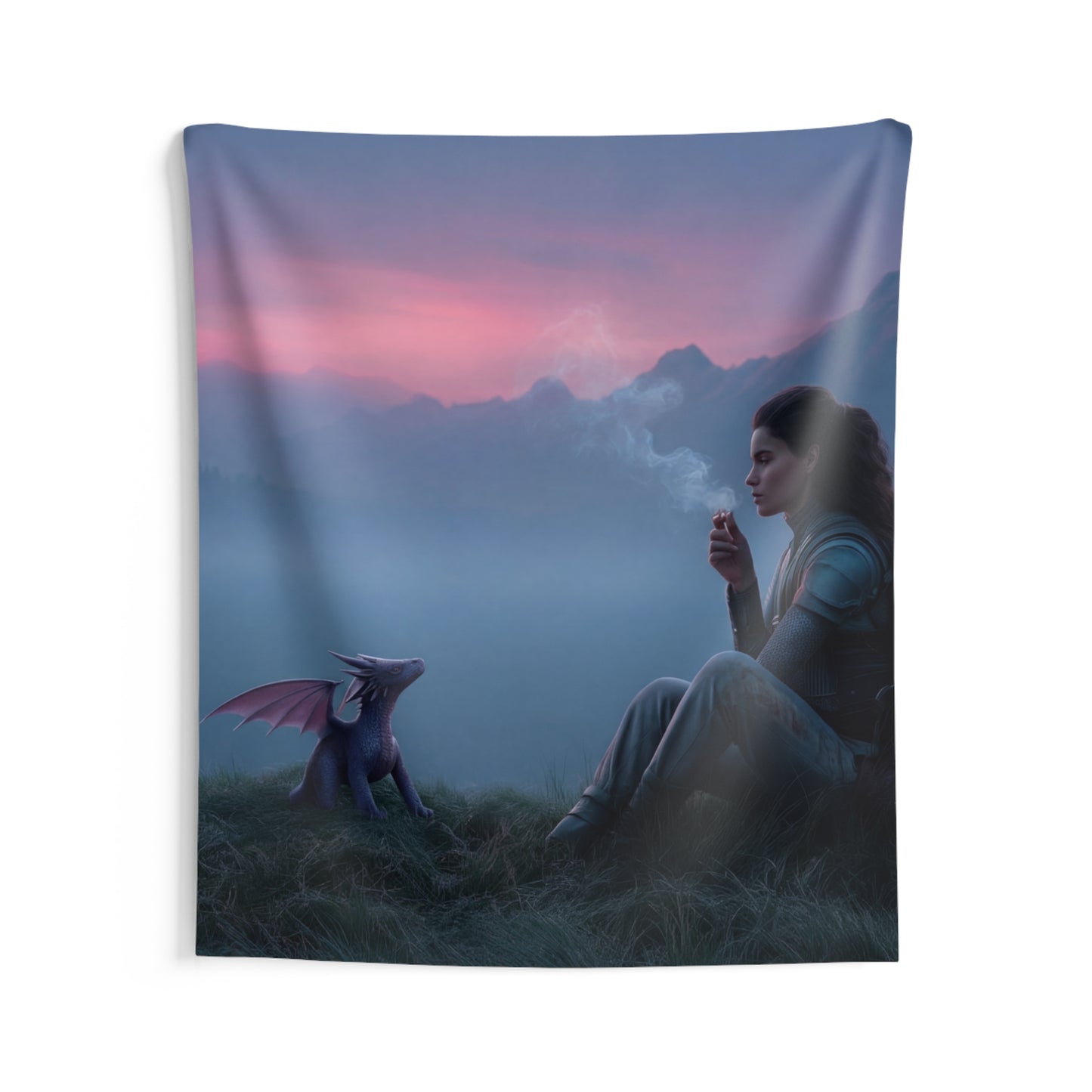 Warrior and Dragon at Dawn Wall Tapestry – Quiet Mountain Vigil