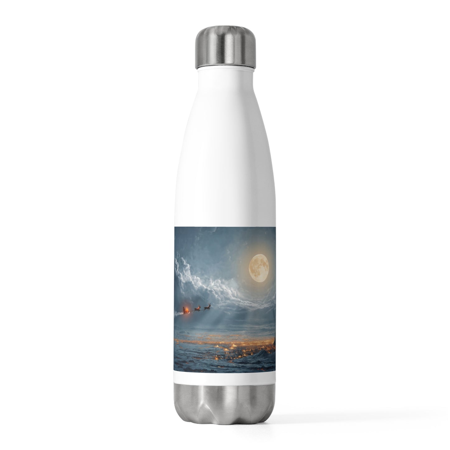 Midnight Sleigh Ride 20oz Insulated Bottle – Frost-Kissed City Beneath a Full Moon