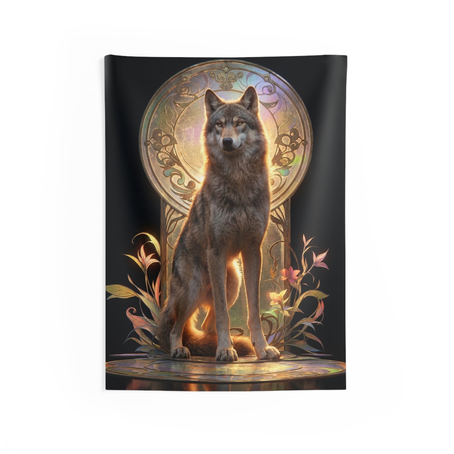 Regal Wolf Throne Tapestry – Golden Light and Art Nouveau Grace