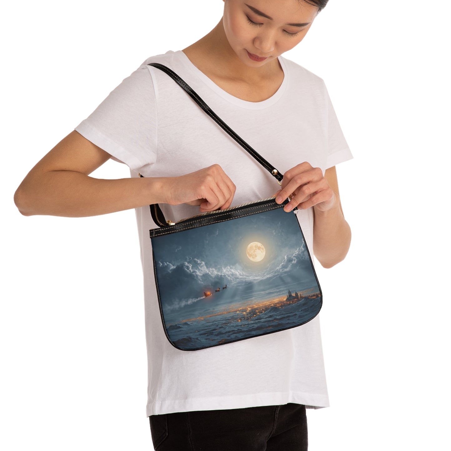 Midnight Sleigh Ride Small Shoulder Bag – Frost-Clad City Beneath a Full Moon