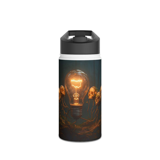 Glowing Lightbulb in Haunted Forest Stainless Steel Water Bottle, Standard Lid – Illuminated Wisdom Among the Ancient Bones